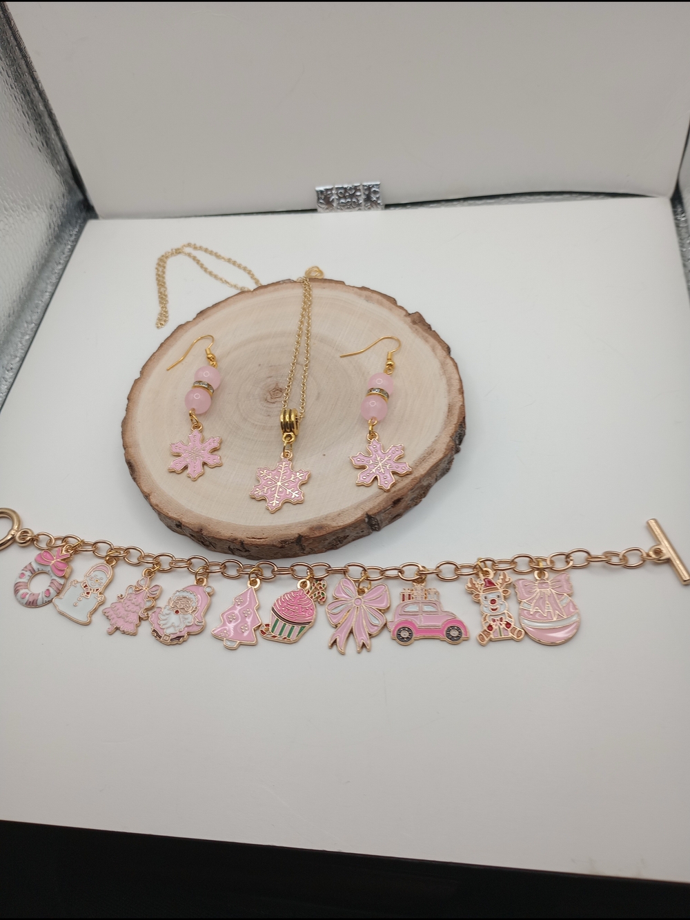 Gold-Tone Pink Snowflake Necklace & Earring Set - Women Jewelry Set